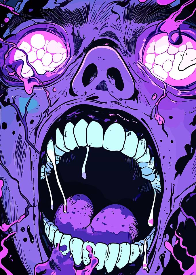 Purple Zombie Screaming Face Close-Up