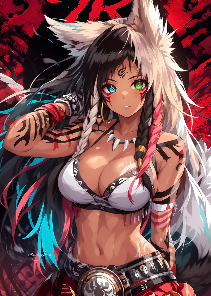 Anime Girl with Wolf Ears and Tattoos