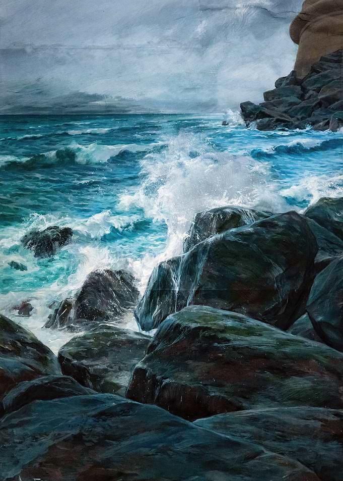 Seascape Painting with Rocks and Waves