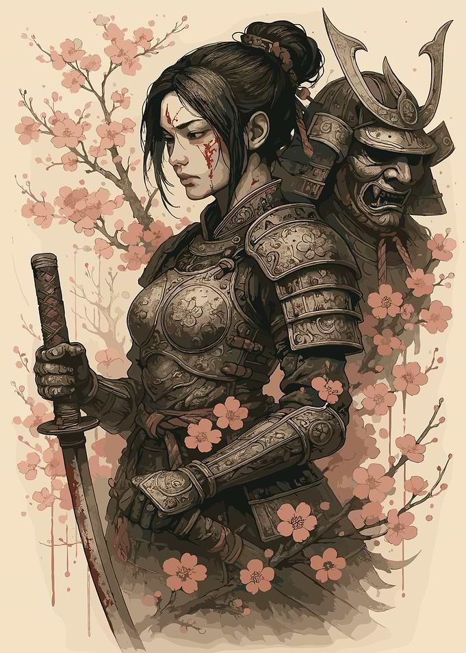 Female Samurai with Cherry Blossoms