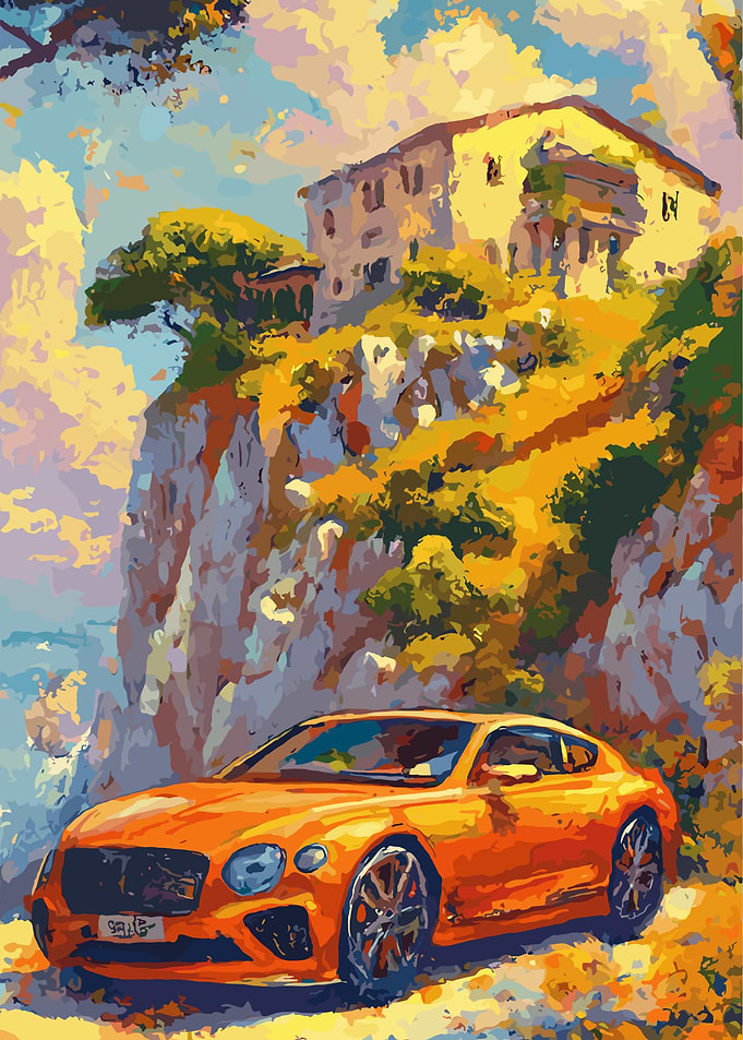 Orange Car by Cliffside Villa Painting