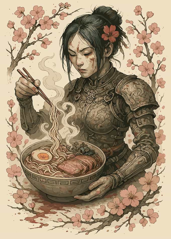 Warrior Woman Eating Ramen with Chopsticks