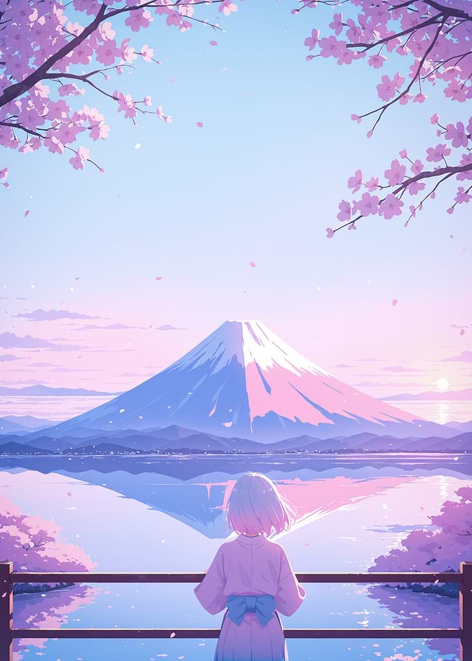 Anime Girl Gazing at Mount Fuji Cherry Blossom