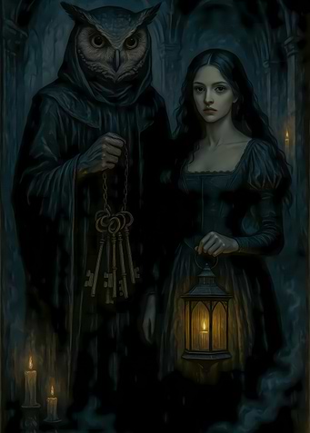 Owl-headed figure with woman and lantern