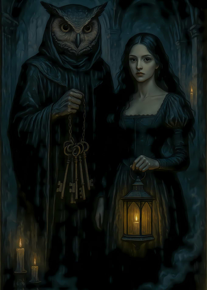 Owl-headed figure with woman and lantern