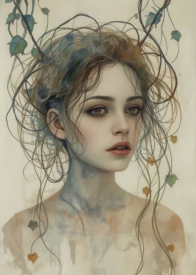 Ethereal Botanical Portrait of a Young Woman with Vines