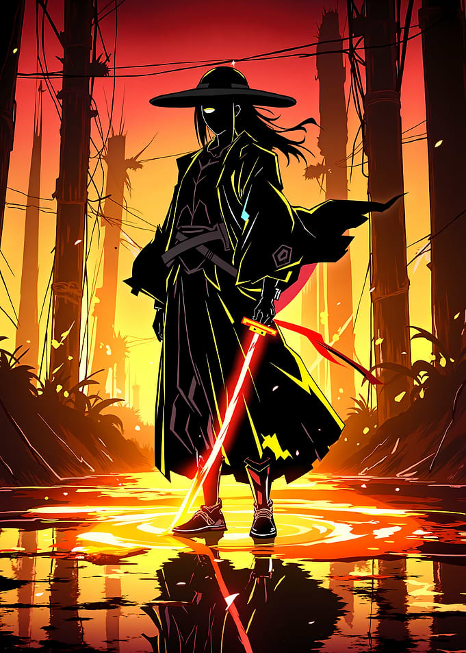 Samurai with Red Sword in Bamboo Forest