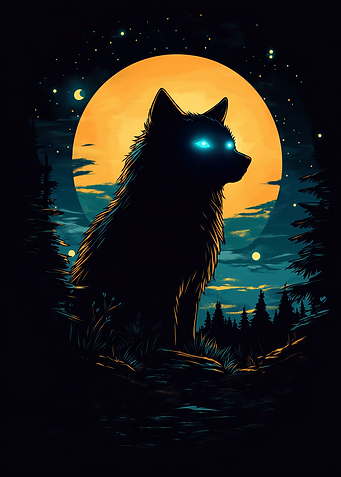 A minimalist wolf silhouette with glowing blue eyes