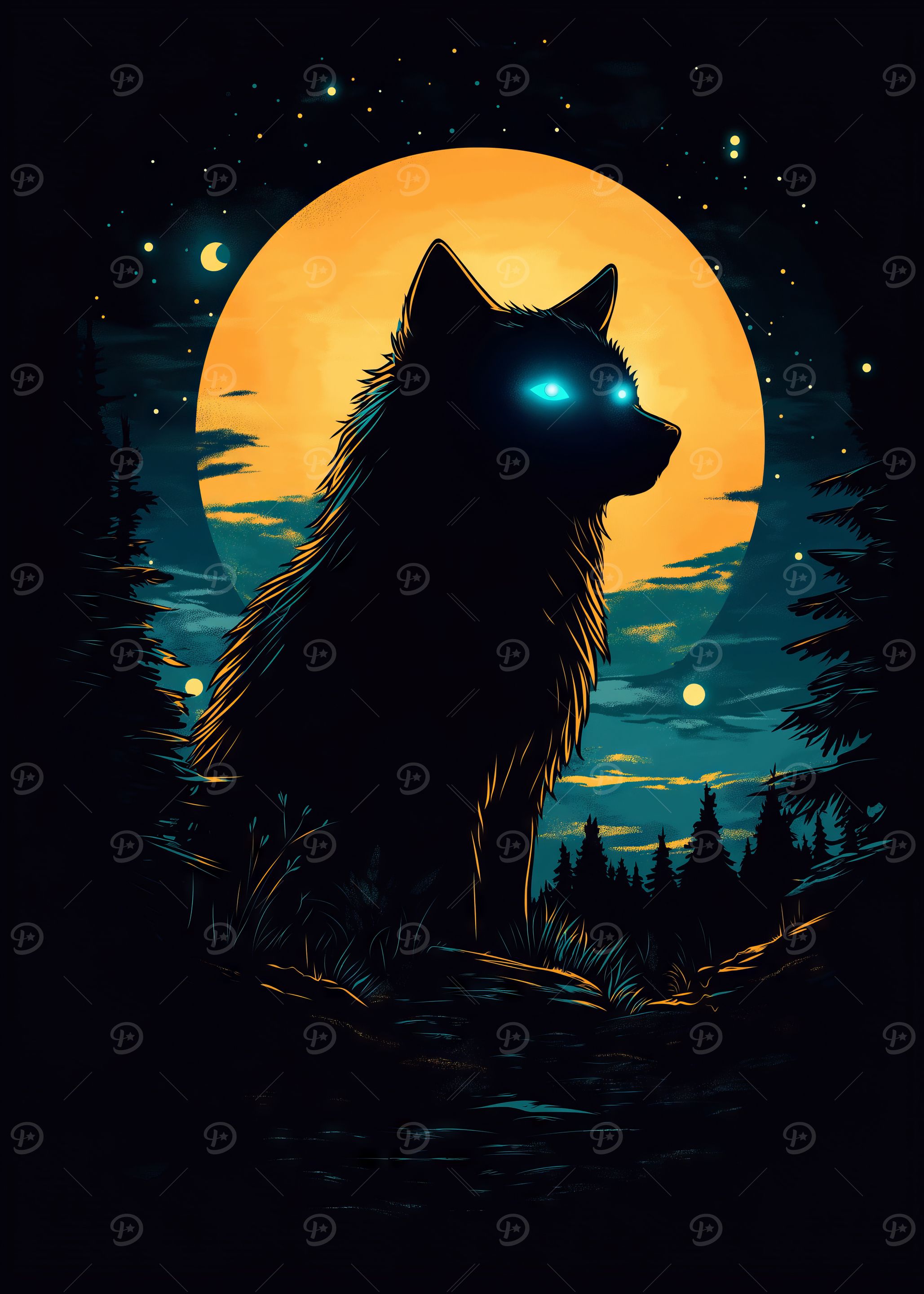 A minimalist wolf silhouette with glowing blue eyes