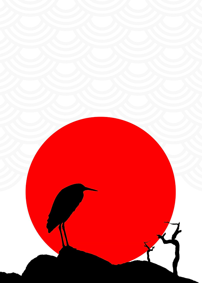 Japanese Crane Silhouette with Rising Sun