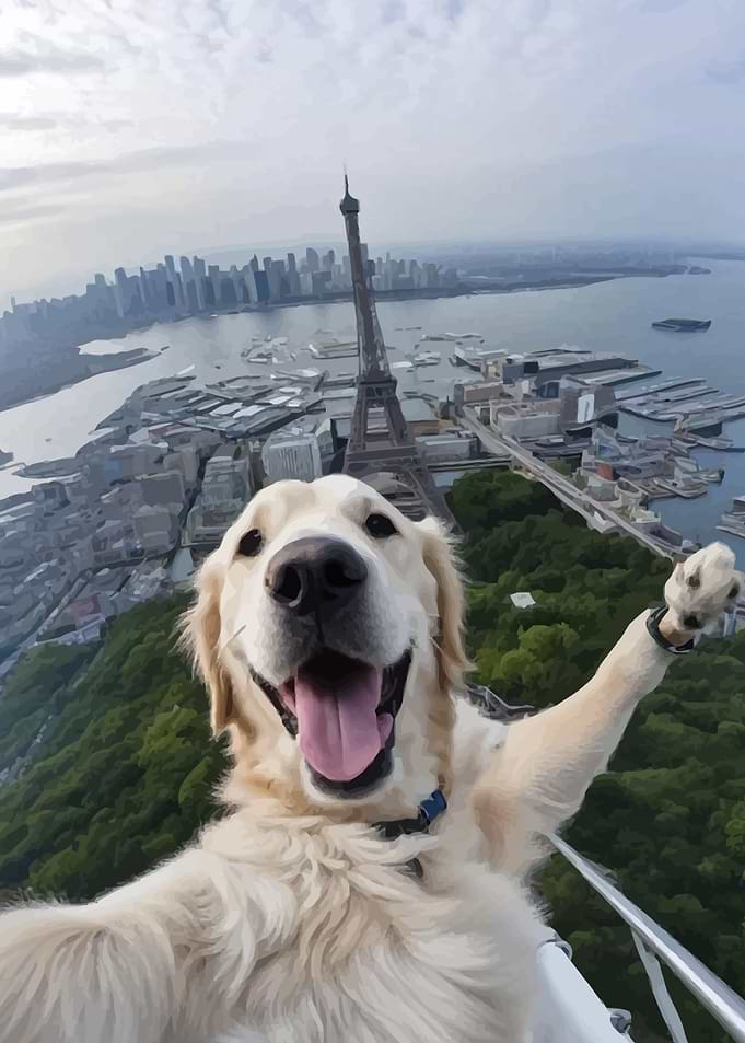 Dog Selfie with Eiffel Tower Backdrop