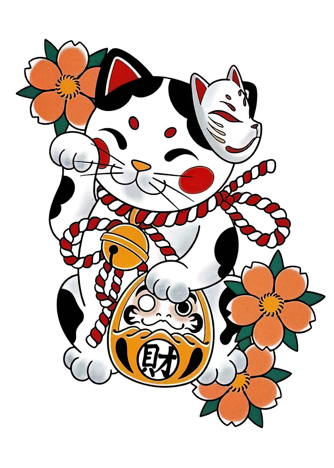 Maneki Neko with Daruma and Mask