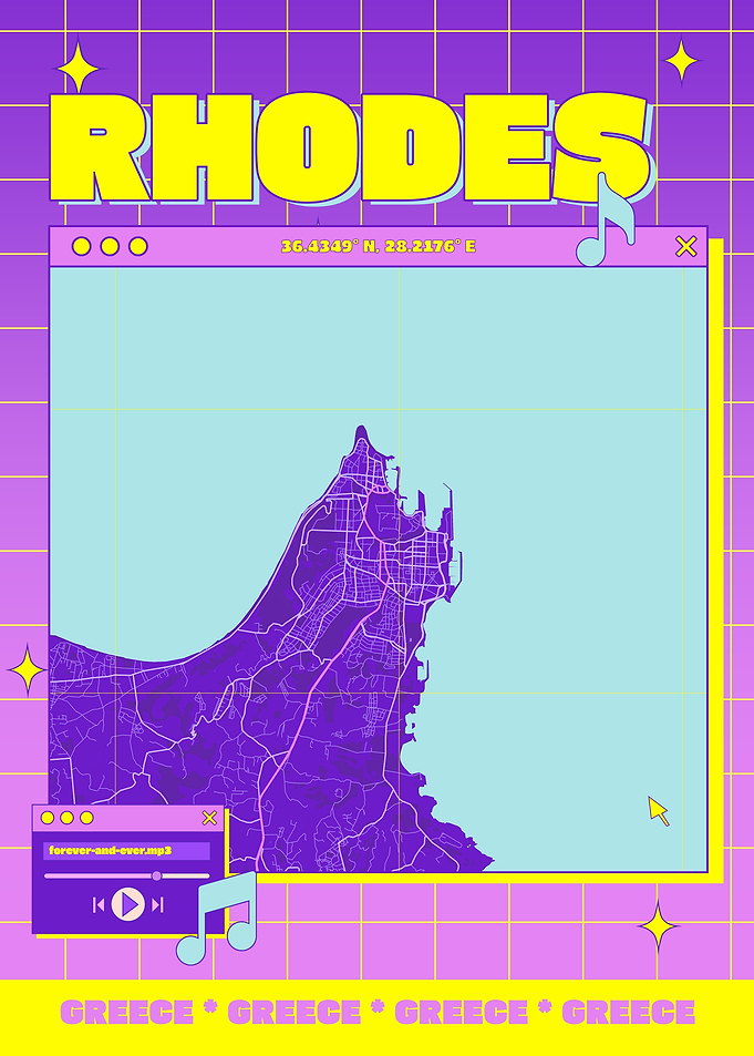 Rhodes Greece Map Retro Aesthetic Poster