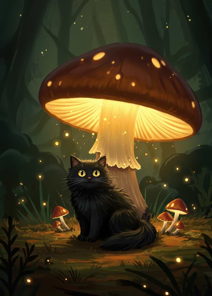 Black Cat and Glowing Mushroom