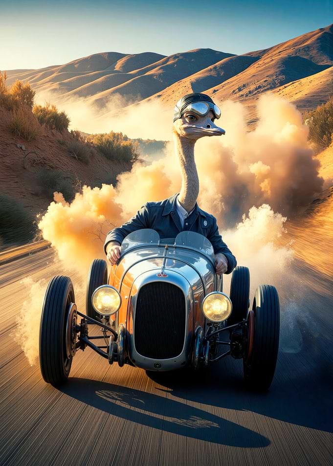 Ostrich driving vintage race car