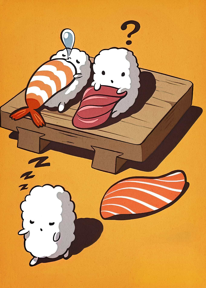 Cartoon Sushi Characters on Wooden Plate