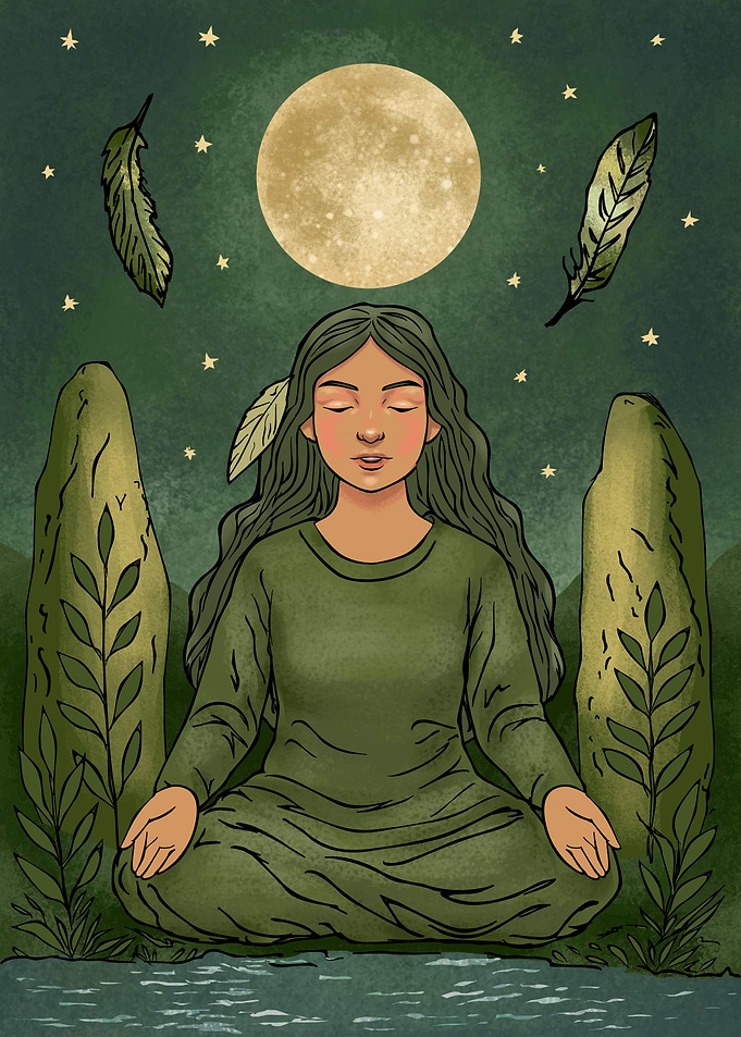 Meditating Woman Under Moonlit Sky