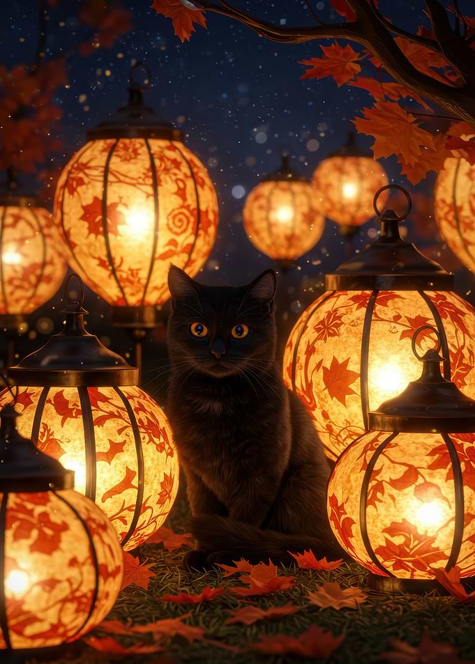 Black Cat and Autumn Lanterns