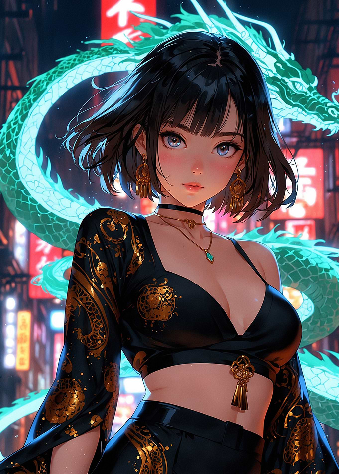 Anime Girl with Dragon in Cityscape
