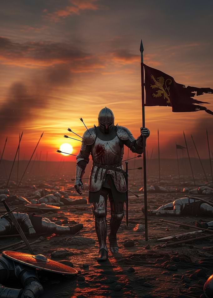 Wounded Knight on Battlefield at Sunset