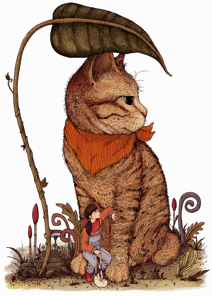 Giant Cat and Girl Illustration