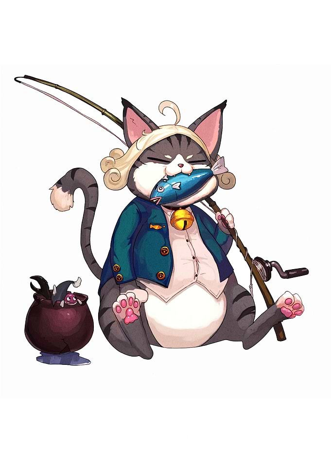 Cartoon Cat with Fish and Fishing Rod