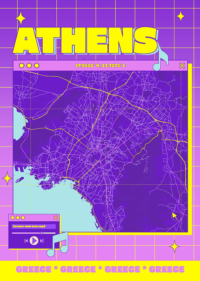 Athens Greece Map Retro Aesthetic