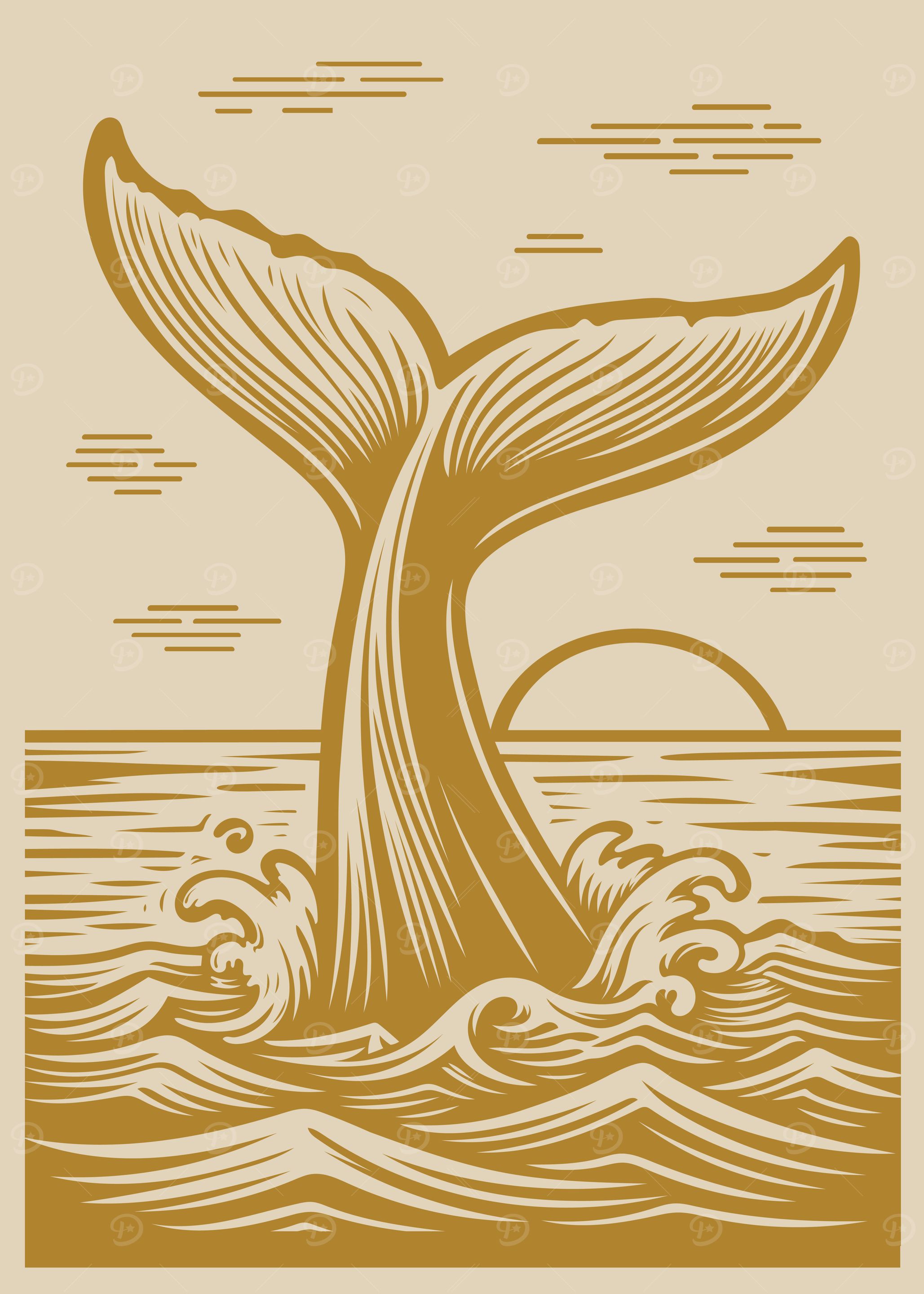 Whale Tail with Sun and Waves Golden Beige