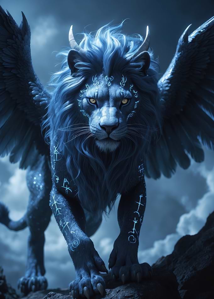 Blue Mystic Winged Lion with Glowing Runes