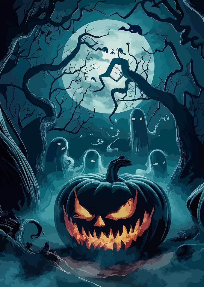 Halloween Pumpkin with Ghosts and Moon