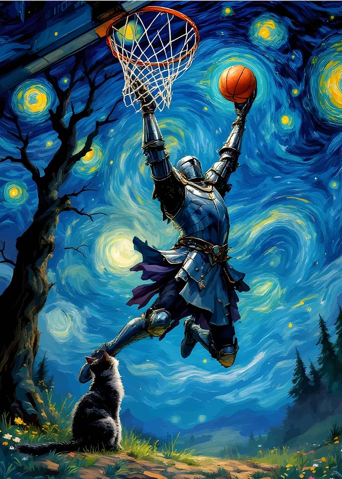 Knight Dunks Basketball in Starry Night