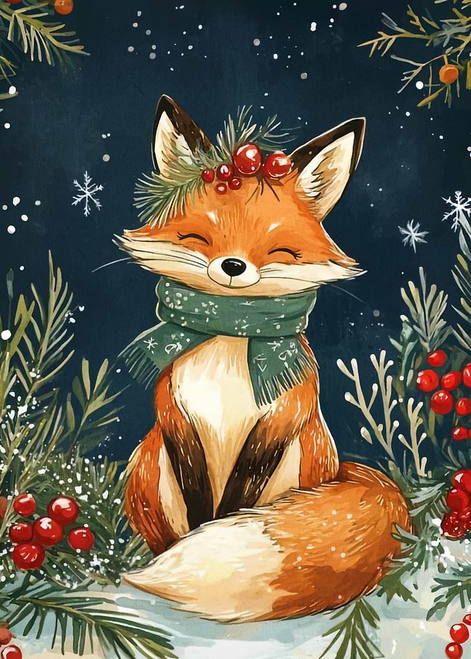 Winter Fox with Scarf and Berries