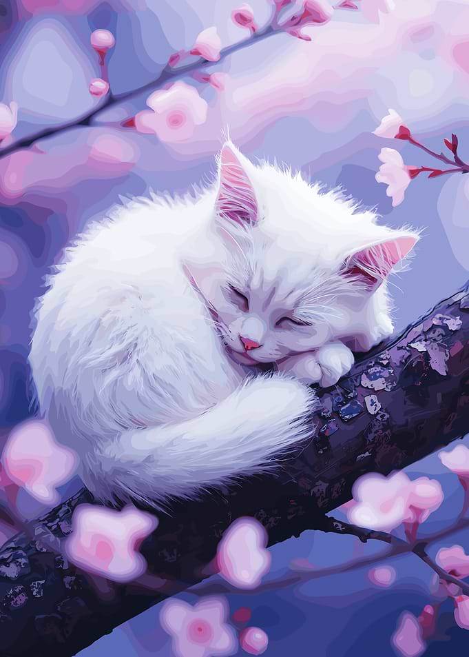 Sleeping White Cat on Cherry Branch