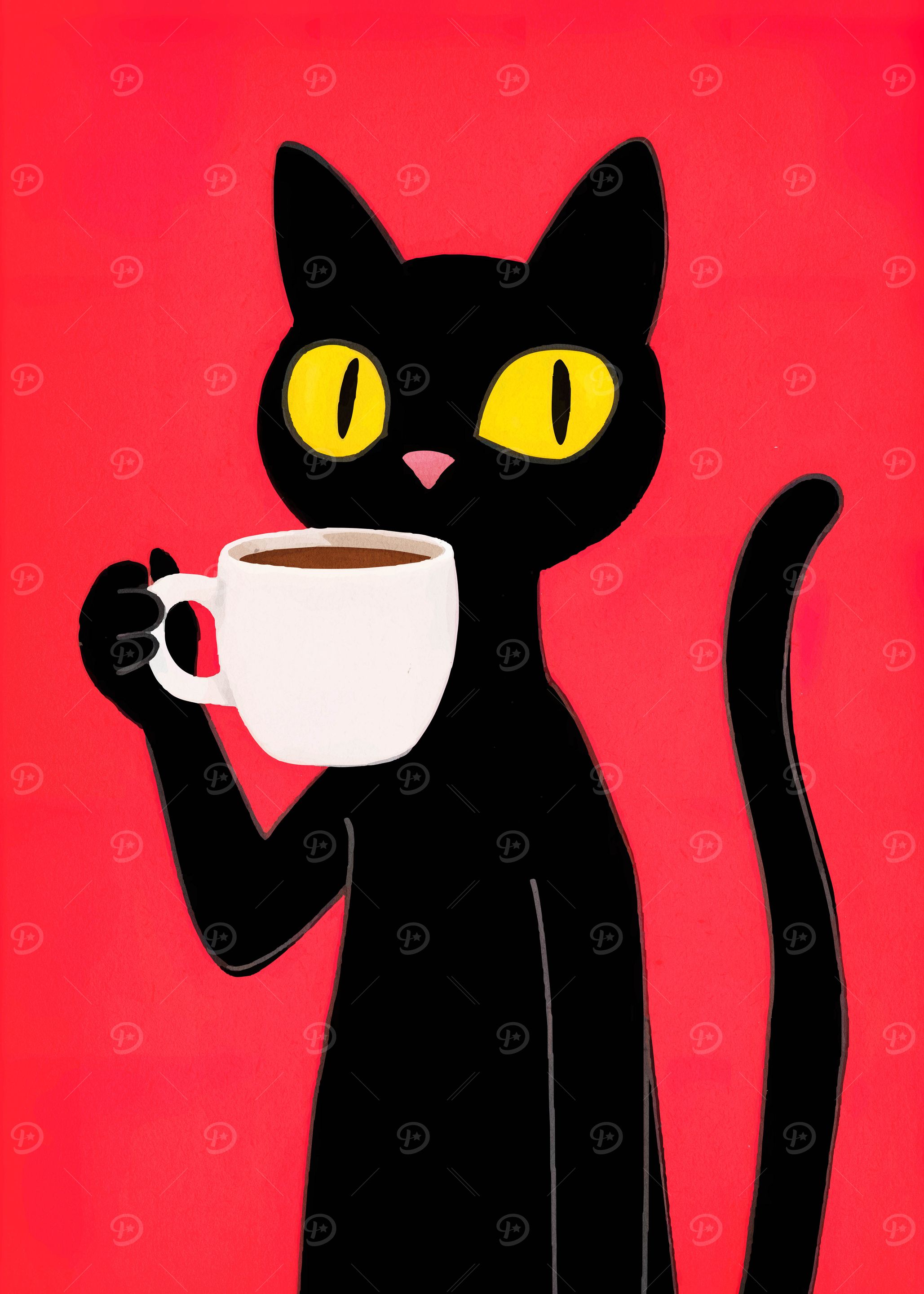 Black Cat with Coffee Cup