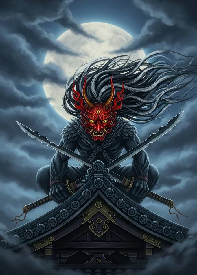 Oni Demon on Rooftop with Swords