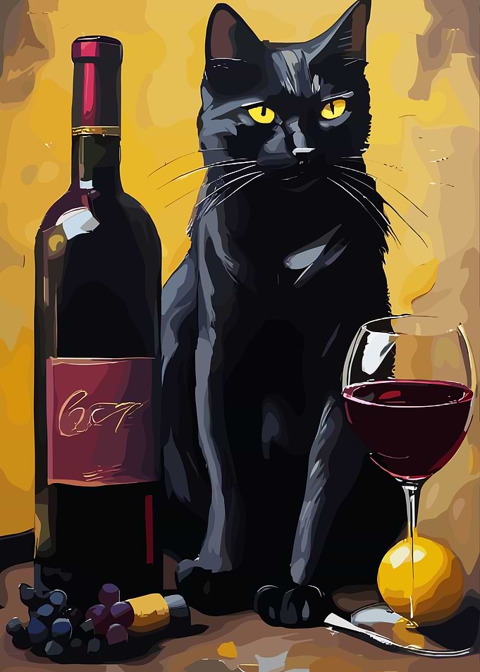 Black Cat with Wine Still Life