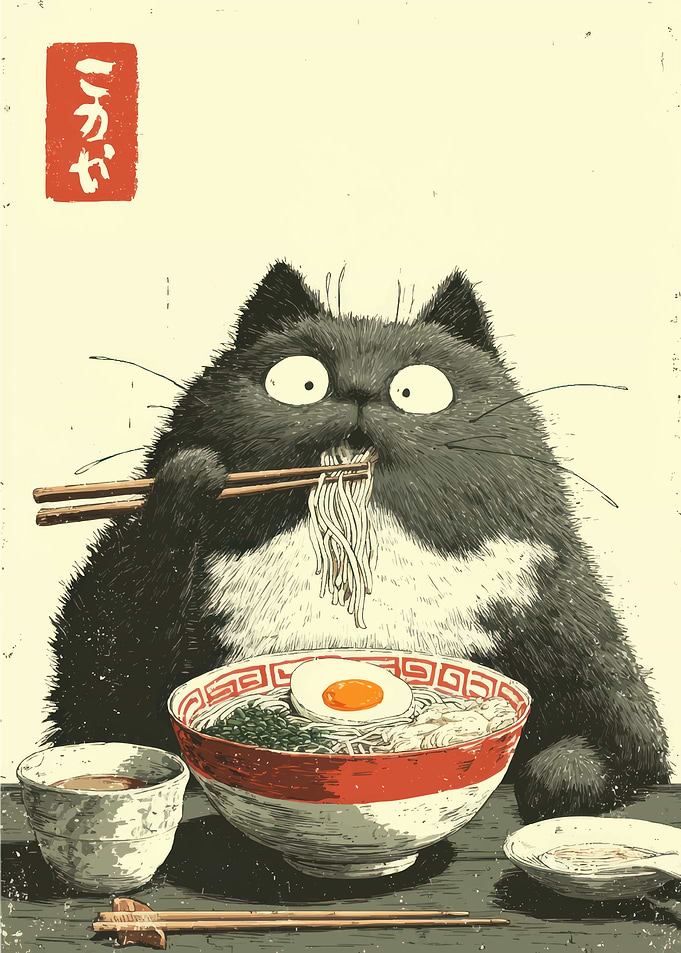 Cat Eating Ramen