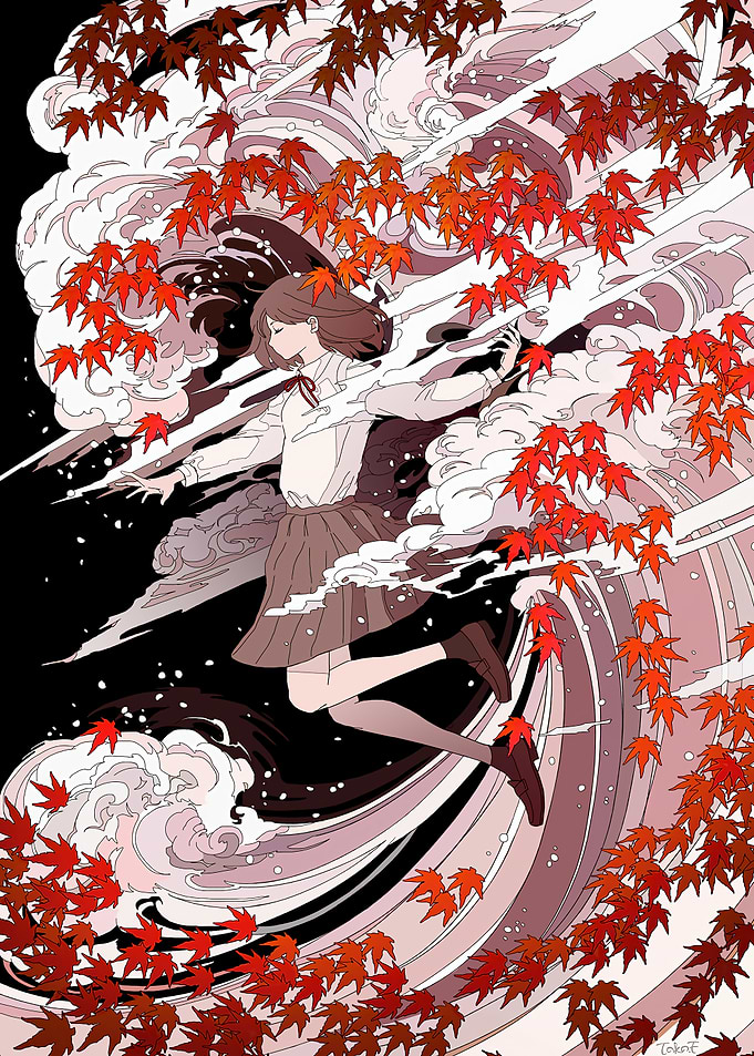Autumn Girl in Flowing Leaves