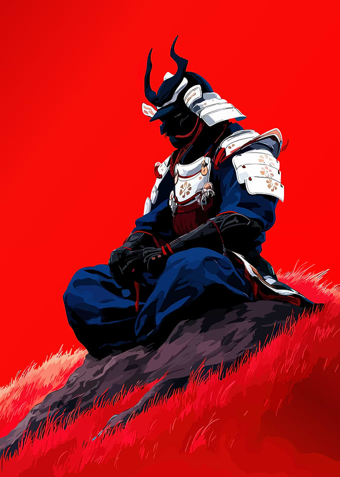 Meditating Samurai in Red Landscape