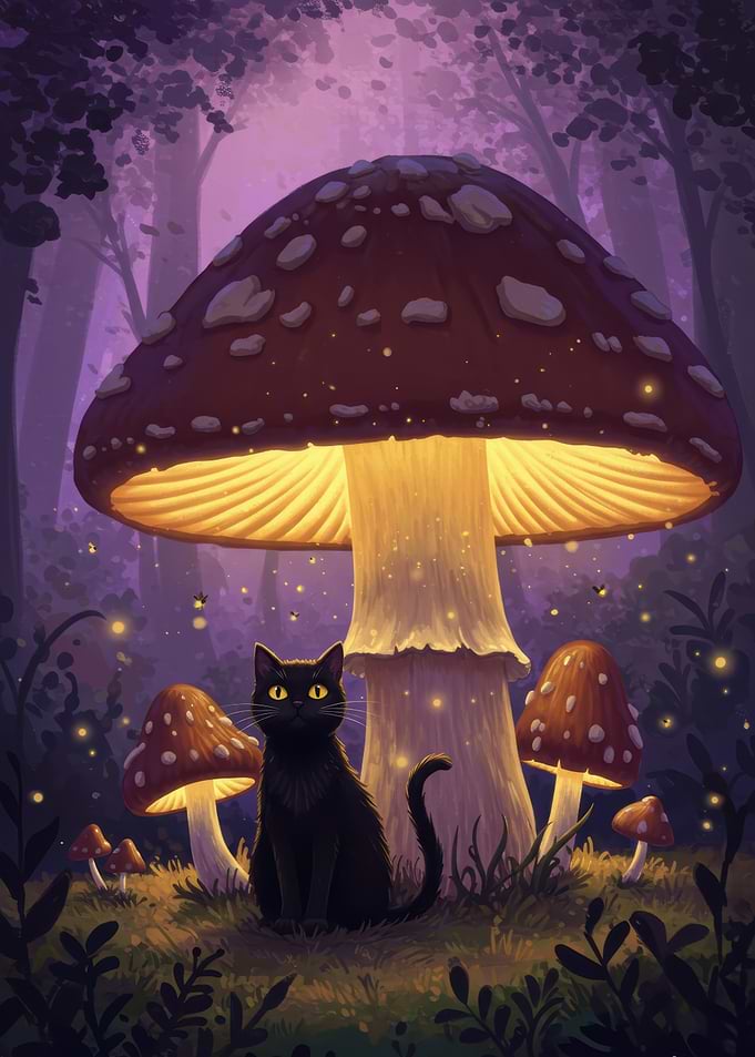 Black cat under a mushroom
