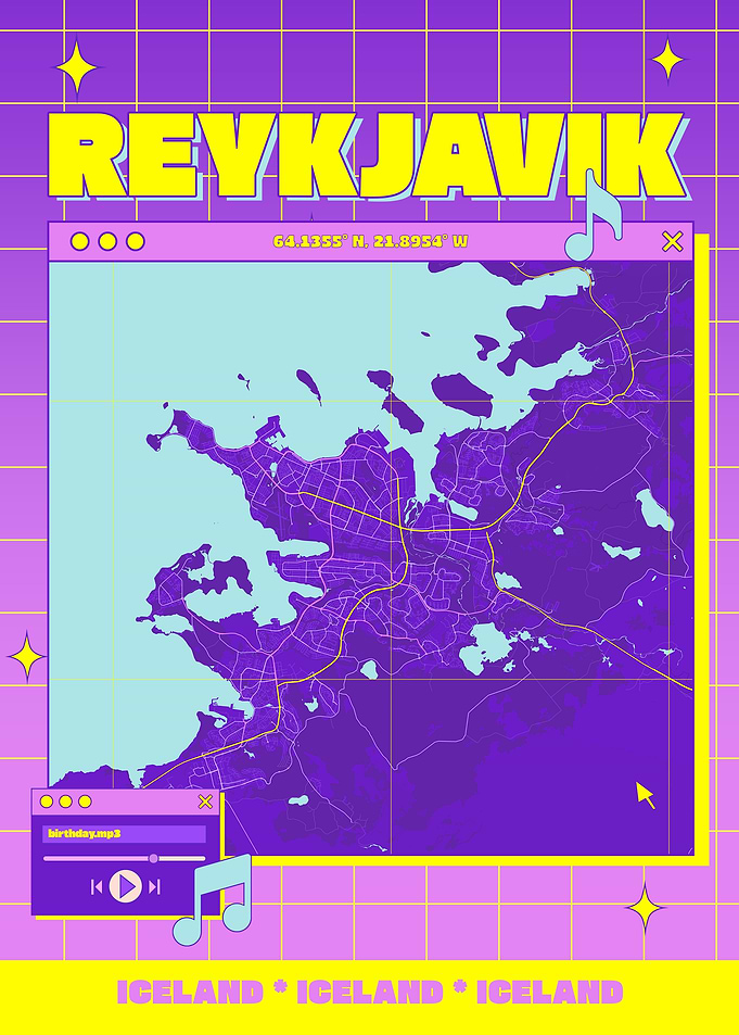 Reykjavik Iceland Map Retro Aesthetic