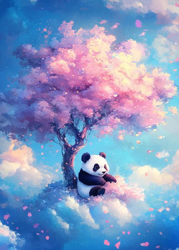 Panda under Cherry Blossom Tree