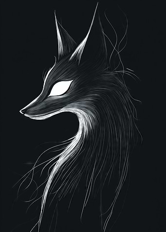 A minimalist fox spirit with glowing eyes in simple black lines