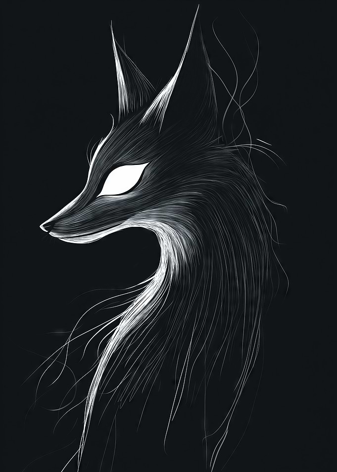 A minimalist fox spirit with glowing eyes in simple black lines