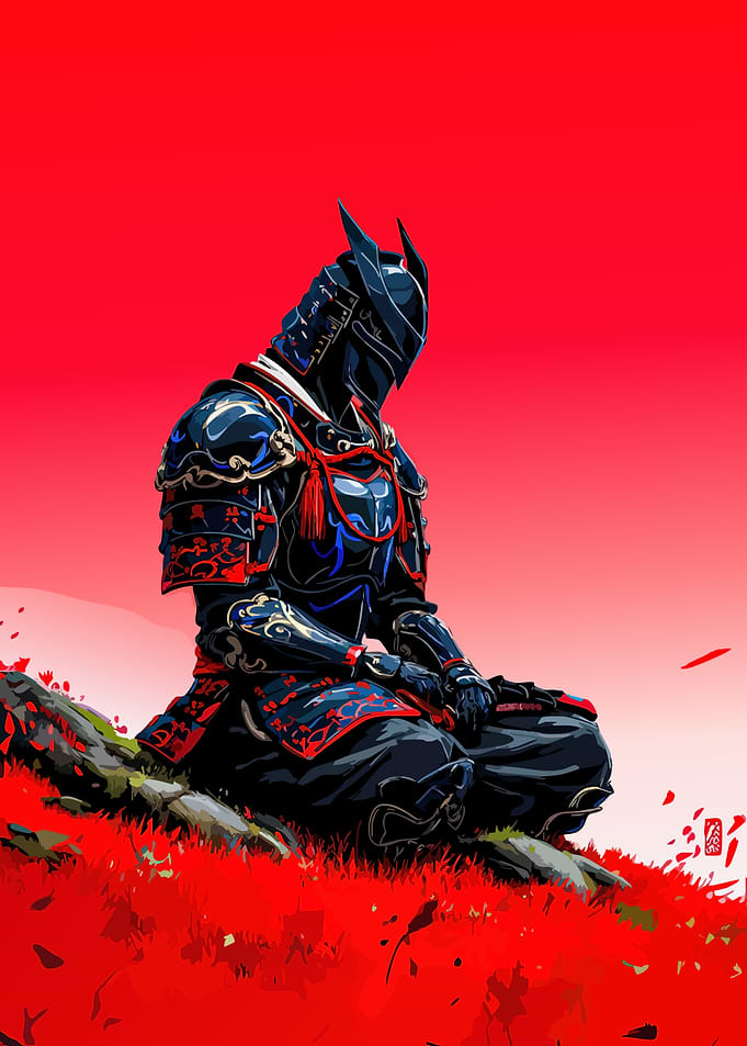 Meditating Samurai in Red Landscape