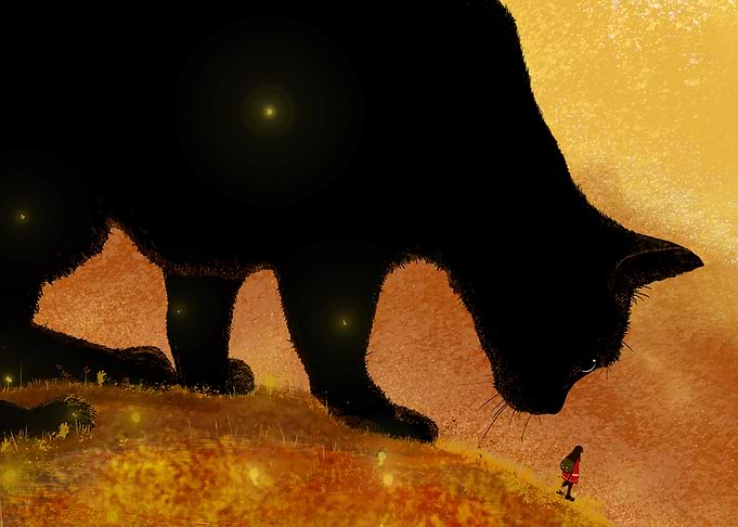 Giant Black Cat and Little Girl