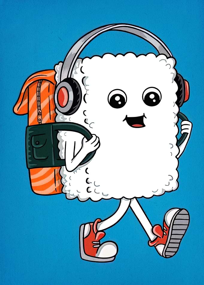 Sushi Character with Headphones and Backpack