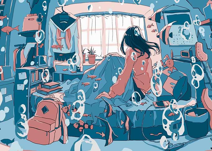 Underwater Room Anime Girl Illustration