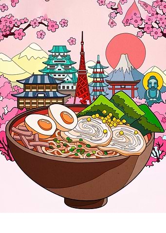 Ramen Bowl with Japanese Landmarks