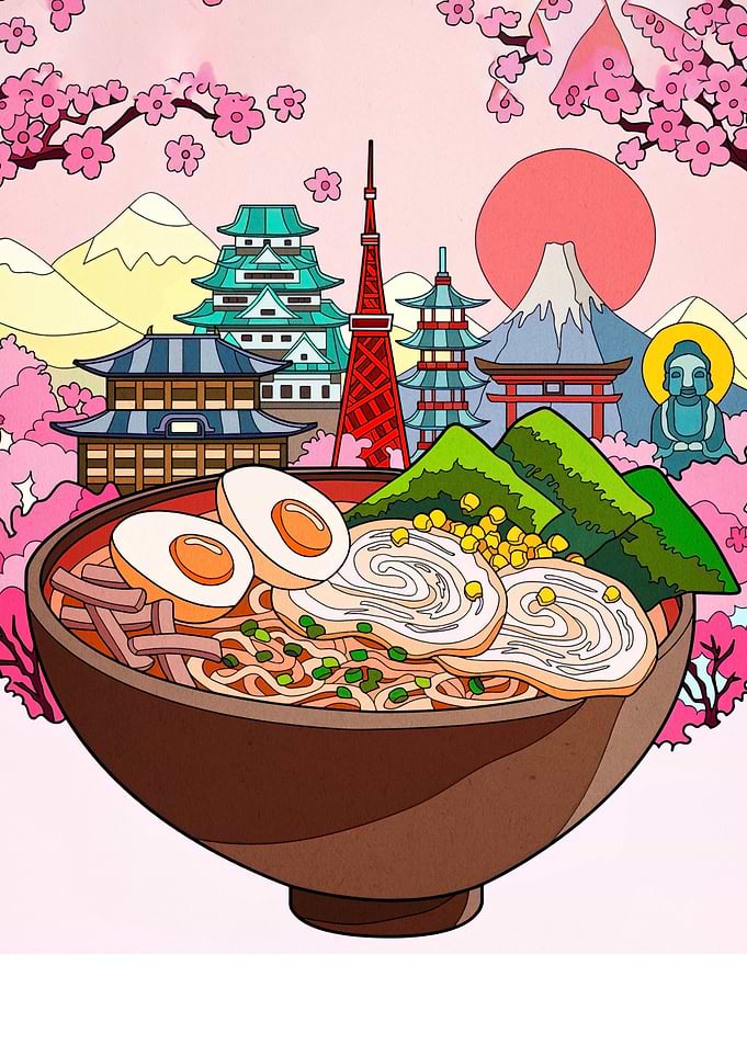 Ramen Bowl with Japanese Landmarks